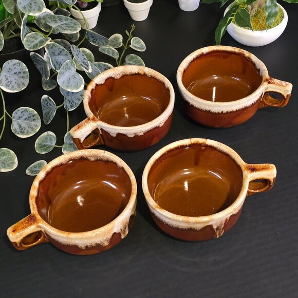 WESTERN STONEWARE (4) Soup Mug Bowl Handle Ceramic Pottery Drip Glaze 4.5" - Picture 2 of 2